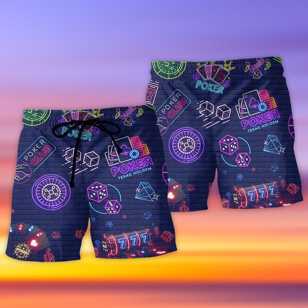 Neon Poker Beach Shorts Pattern Detail For Casual Outings And Comfortable Daily Use