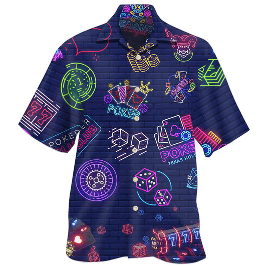 Neon Poker Gaming Hawaiian Shirt For Summer Vacation, Beach Travel, And Casual Wear