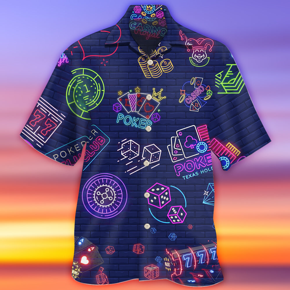 Neon Poker Gaming Hawaiian Shirt For Summer Vacation, Beach Travel, And Casual Wear