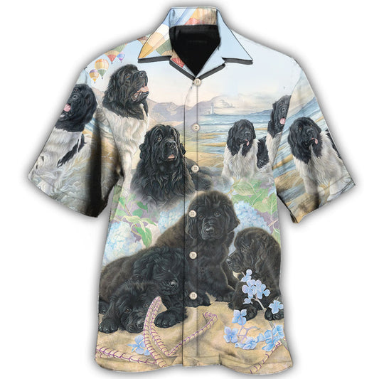Floral Newfoundland Dog Design Hawaiian Shirt For Coastal Travel, Casual Events, And Comfortable Summer Wear