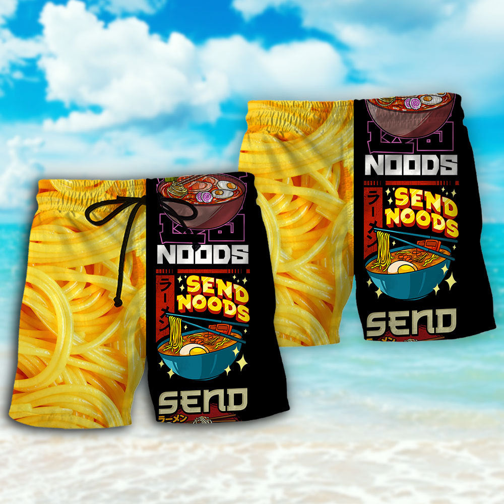 Send Noods Funny Noodle Food Beach Shorts Artwork Detail For Comfortable Everyday Summer Wear