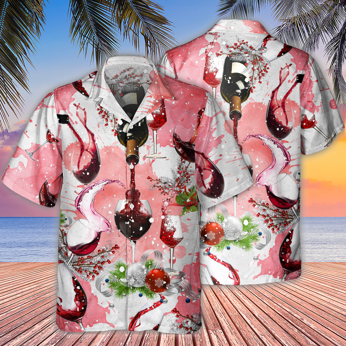 Wine Glass Fine Christmas Hawaiian Shirt Pattern Detail For Vacation Travel And Daily Wear