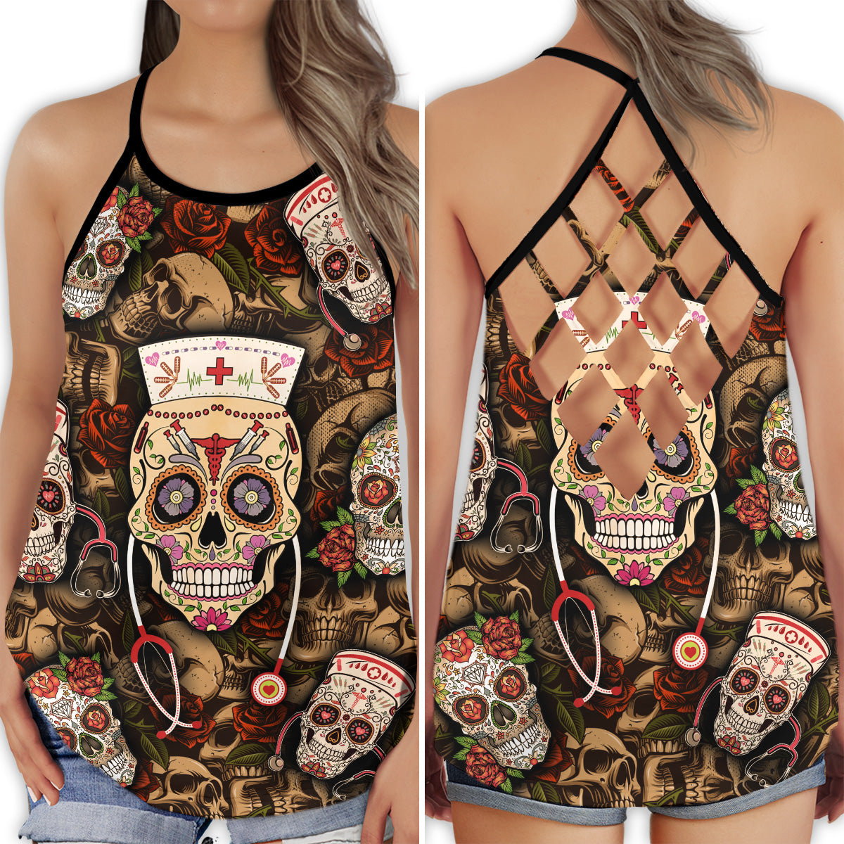 Nurse Skull And Rose Bold Energy Hollow Tank Top For Yoga Practice And Summer Outings