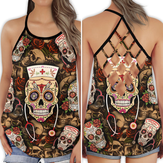 Nurse Skull And Rose Bold Energy Hollow Tank Top For Yoga Practice And Summer Outings