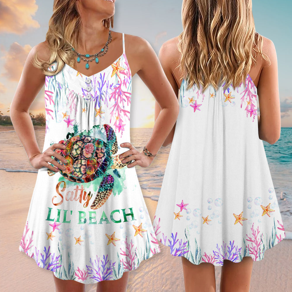 Turtle Satty Lil Beach Love Ocean V-Neck Sleeveless Cami Dress For Island Holidays And Thoughtful Gifting