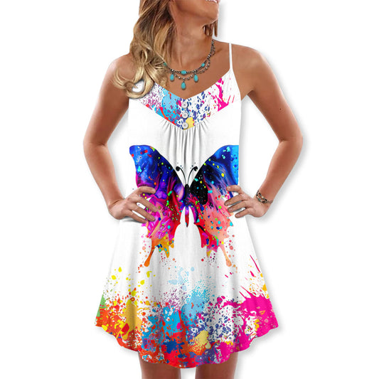Colorful Butterfly Summer Joy – Women's Summer Sleeveless V-Neck Camisole Dress