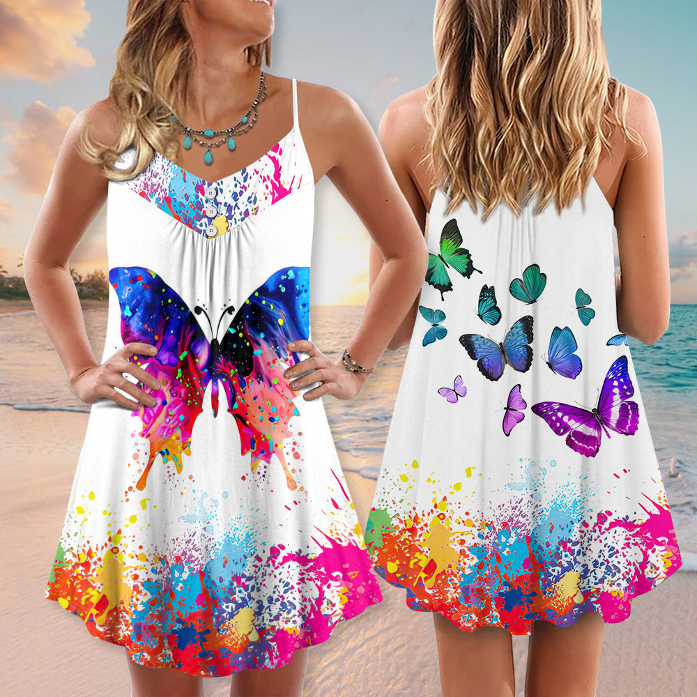 Colorful Butterfly Made Happy V-Neck Sleeveless Cami Dress For Summer Events And Colorful Daily Fashion