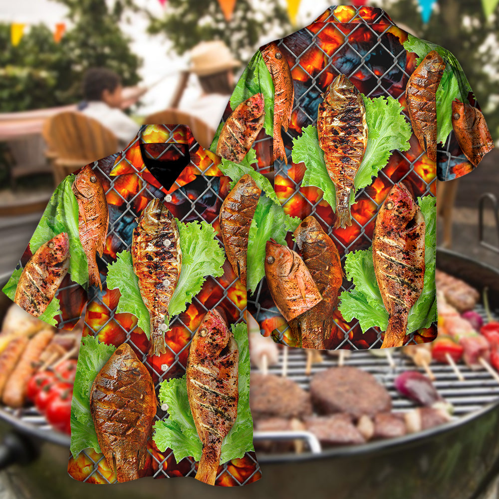 Fish Food Delicious Grilled BBQ Hawaiian Shirt For Tropical Holidays, Resort Trips, And Comfortable Summer Outings