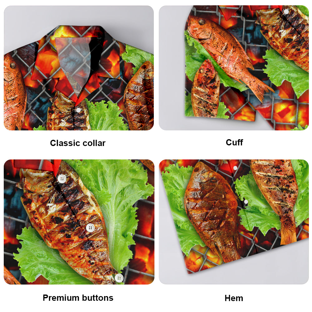 Fish Food Delicious Grilled BBQ Hawaiian Shirt For Tropical Holidays, Resort Trips, And Comfortable Summer Outings