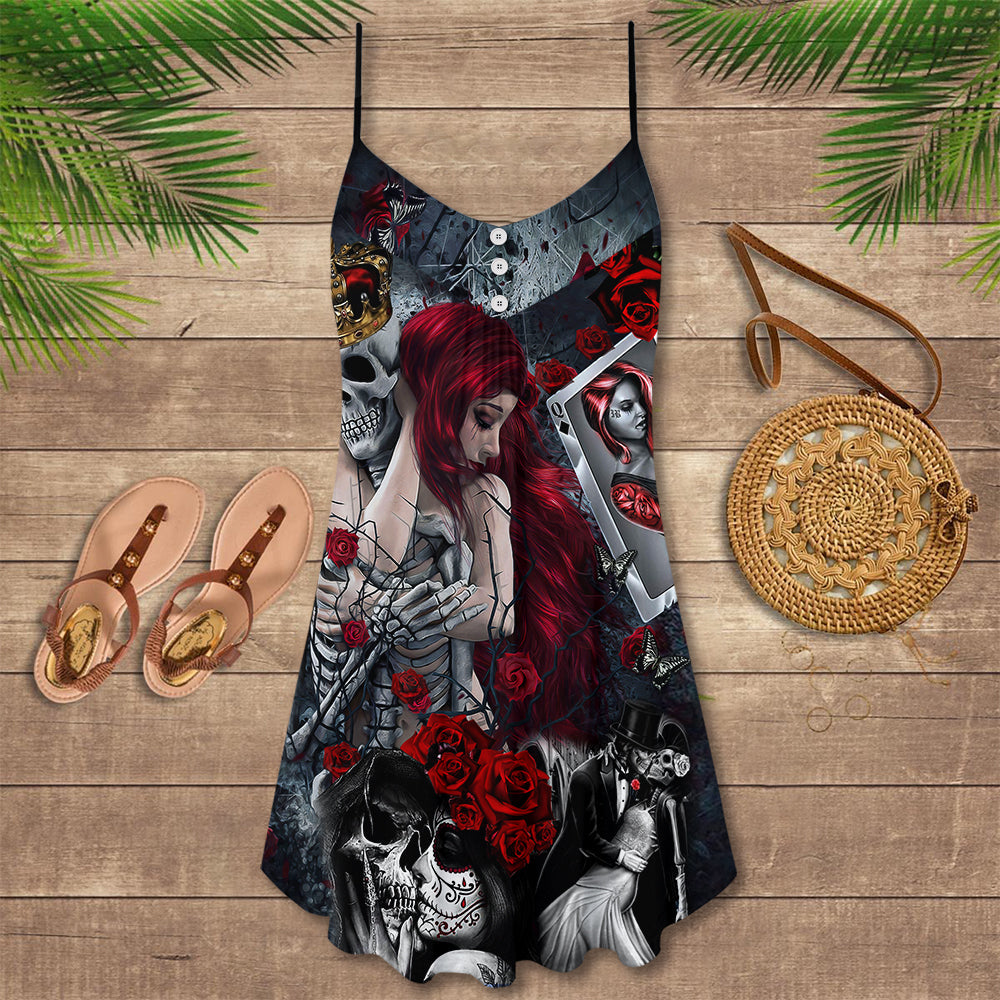Skull Love Is Life V-Neck Sleeveless Cami Dress For Gothic Events And Relaxed Casual Wear