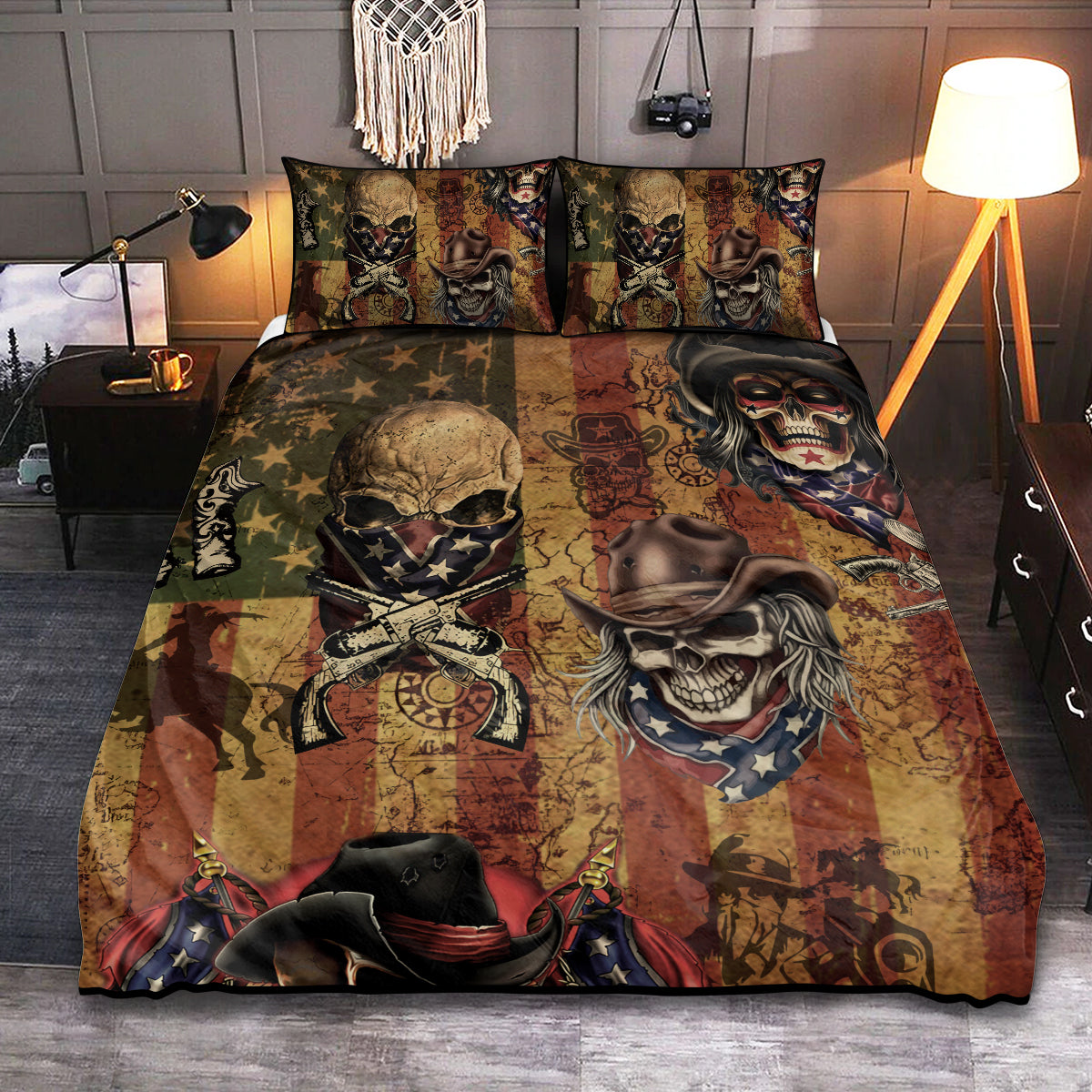 Retro Cowboy Skull Bedding Cover For Gothic Bedroom Decor And Dark Cozy Home Style