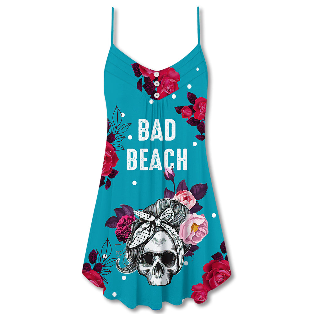 Skull Bad Beach Skull V-Neck Sleeveless Cami Dress For Alternative Festivals And Bold Summer Style