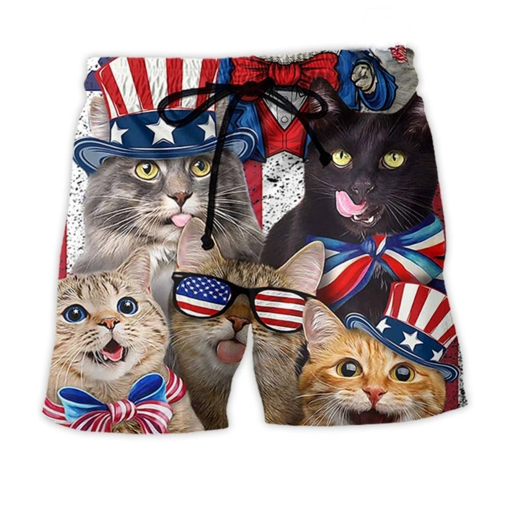 Patriotic Cat Independence Day Beach Shorts Artwork Detail For Comfortable Everyday Summer Wear
