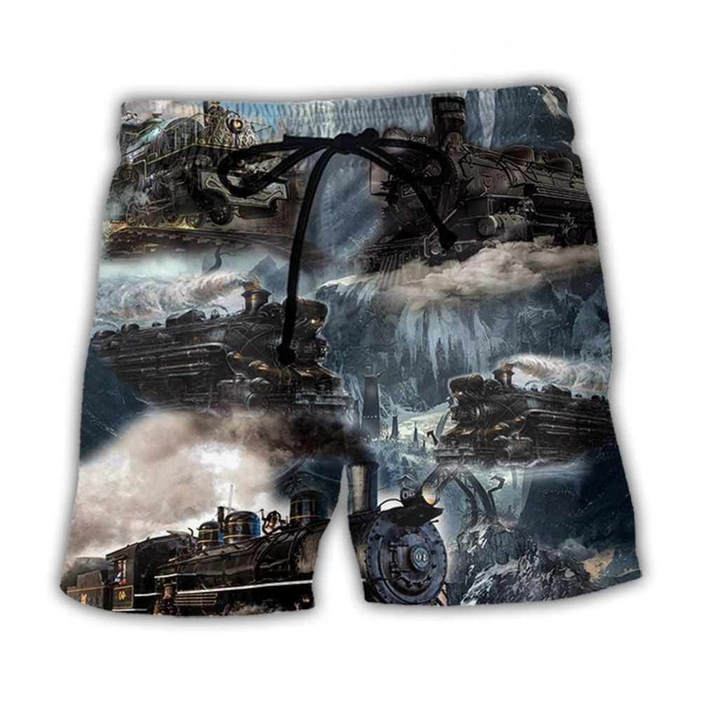 Train Near Stream Scenic Beach Shorts Artwork View For Seaside Trips And Casual Style