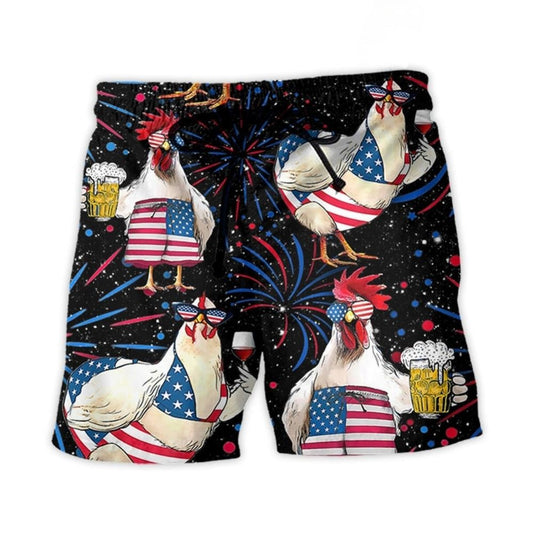 Patriotic Chicken Beer Humor Beach Shorts For Resort Travel And Thoughtful Summer Gifting