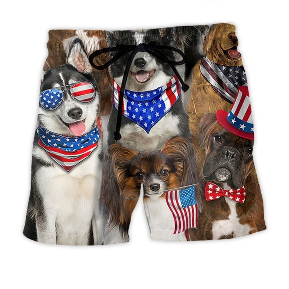 Patriotic Dogs Independence Day Beach Shorts Artwork Detail For Comfortable Everyday Summer Wear