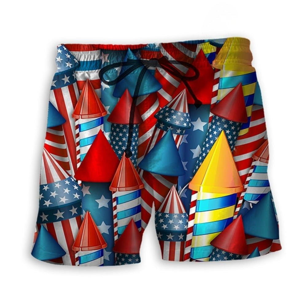 Colorful Fireworks Independence Day Beach Shorts For Beach Trips And Relaxed Vacation Styling