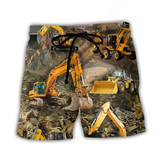 Excavator Construction Machine Beach Shorts Print Detail For Beach Activities And Vacation Wear