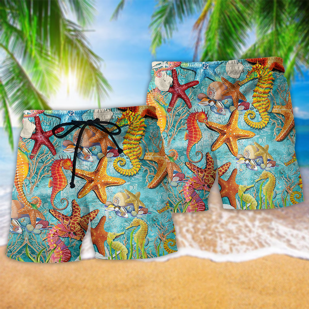 Ocean Seashell Story Blue Coastal Beach Shorts Pattern Detail For Sunny Day Activities And Travel Ready Comfort