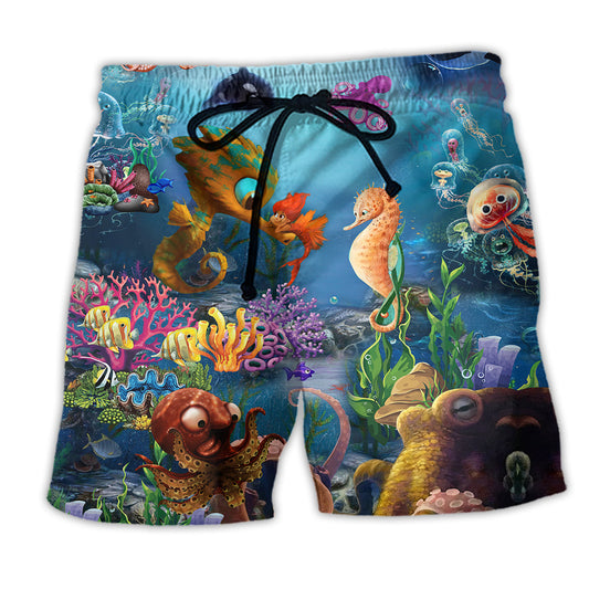 Ocean Marine Fun Adventure Beach Shorts Artwork Detail For Casual Warm Weather Outfits