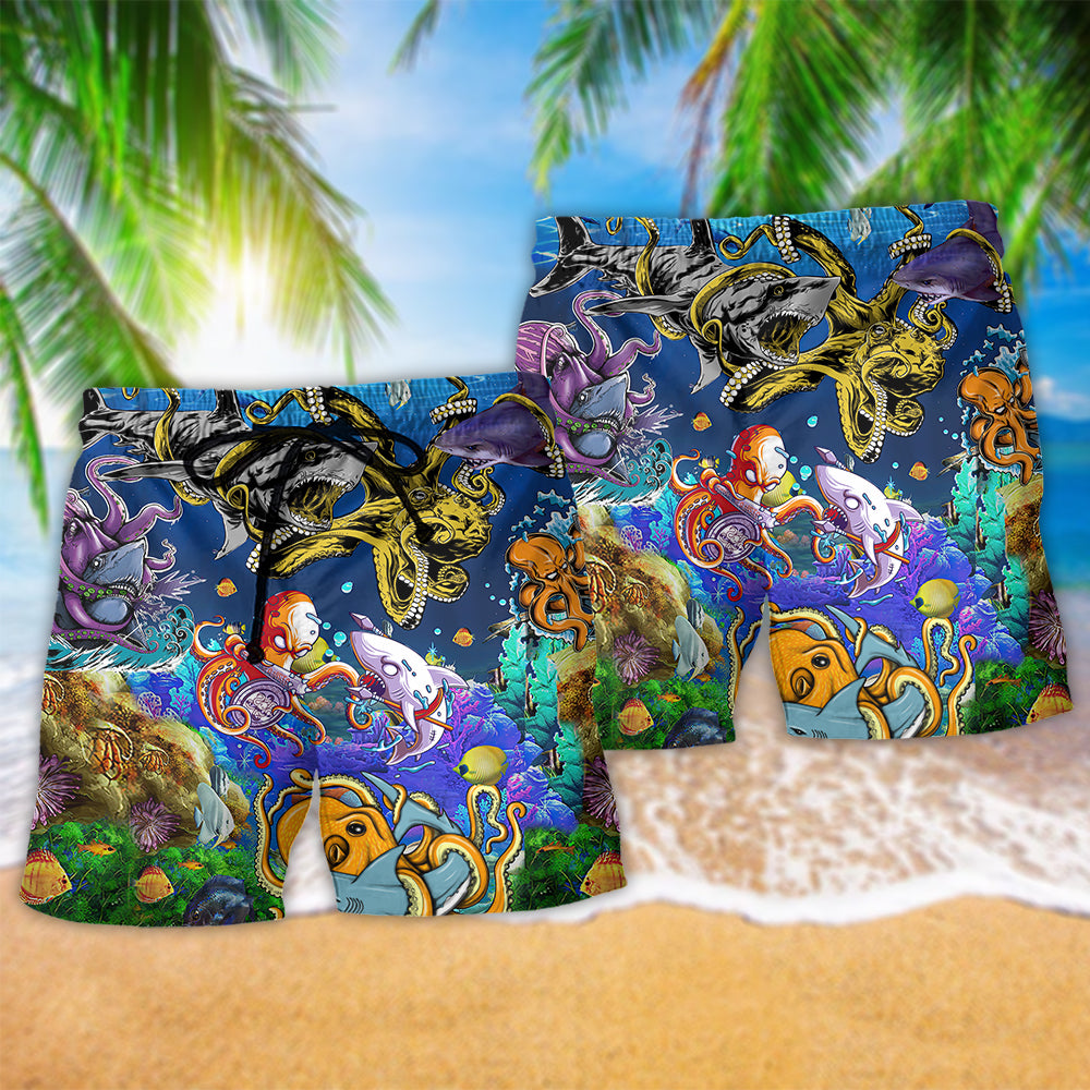 Shark Octopus Ocean Beach Shorts Pattern Detail For Island Trips And Casual Outdoor Comfort