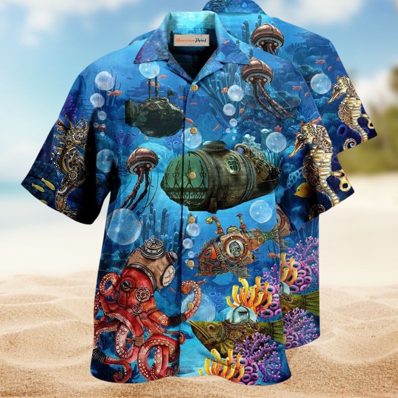 Ocean Steampunk Undersea Hawaiian Shirt For Summer Vacation, Beach Travel, And Casual Wear