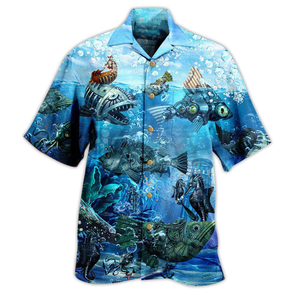 Steampunk Fish Fishing Ocean Undersea Hawaiian Shirt Design Detail For Beach Days And Holiday Travel