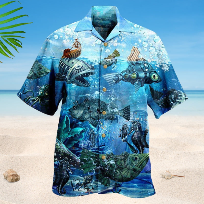 Ocean Undersea Steampunk Fish Hawaiian Shirt For Summer Vacation, Beach Travel, And Casual Wear
