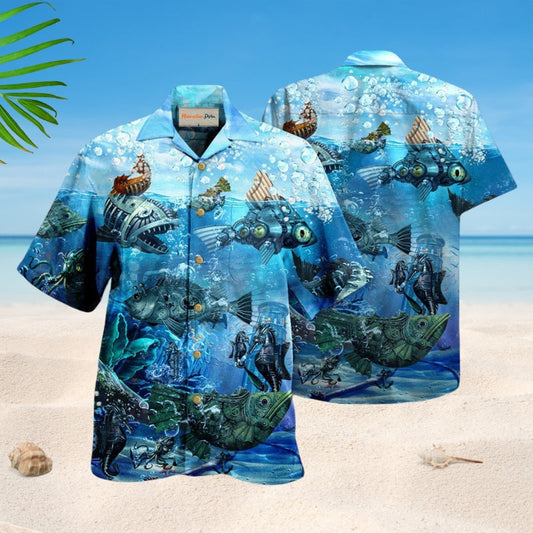 Ocean Undersea Steampunk Fish Hawaiian Shirt For Summer Vacation, Beach Travel, And Casual Wear
