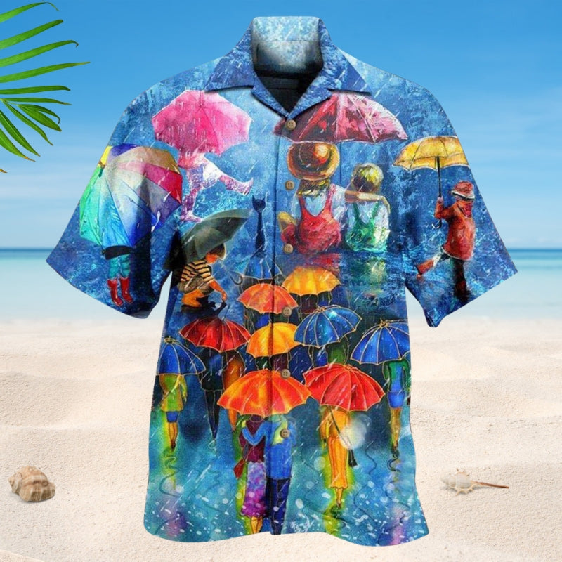 Umbrellas Rainy Hawaiian Shirt For Summer Vacation, Beach Travel, And Casual Wear