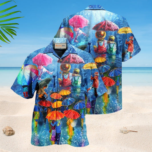 Umbrellas Rainy Hawaiian Shirt For Summer Vacation, Beach Travel, And Casual Wear
