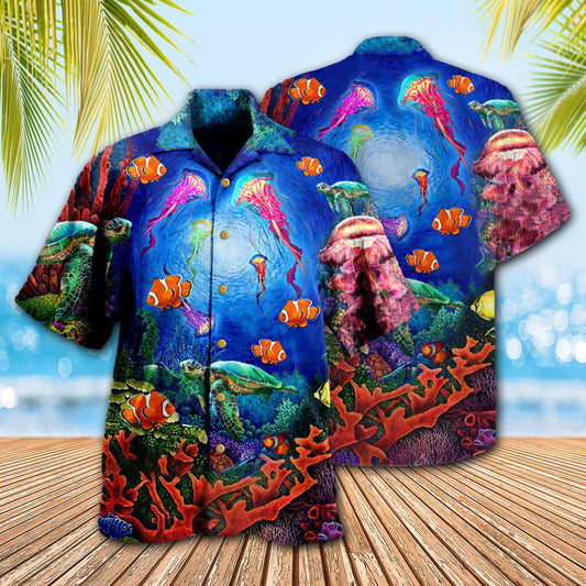 Blue Wonderful Underwater Ocean Theme Hawaiian Shirt Pattern Detail For Vacation Travel And Daily Wear