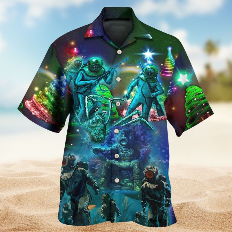 Festive Ocean Diving Christmas Hawaiian Shirt For Island Vacations, Resort Wear, And Relaxed Seasonal Style