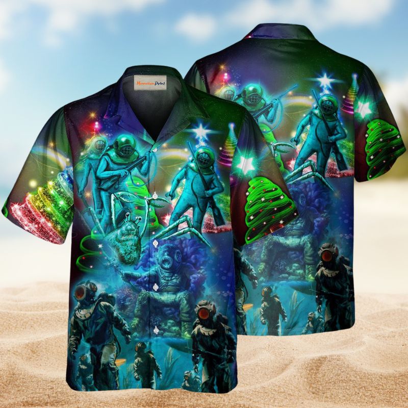 Festive Ocean Diving Christmas Hawaiian Shirt For Island Vacations, Resort Wear, And Relaxed Seasonal Style