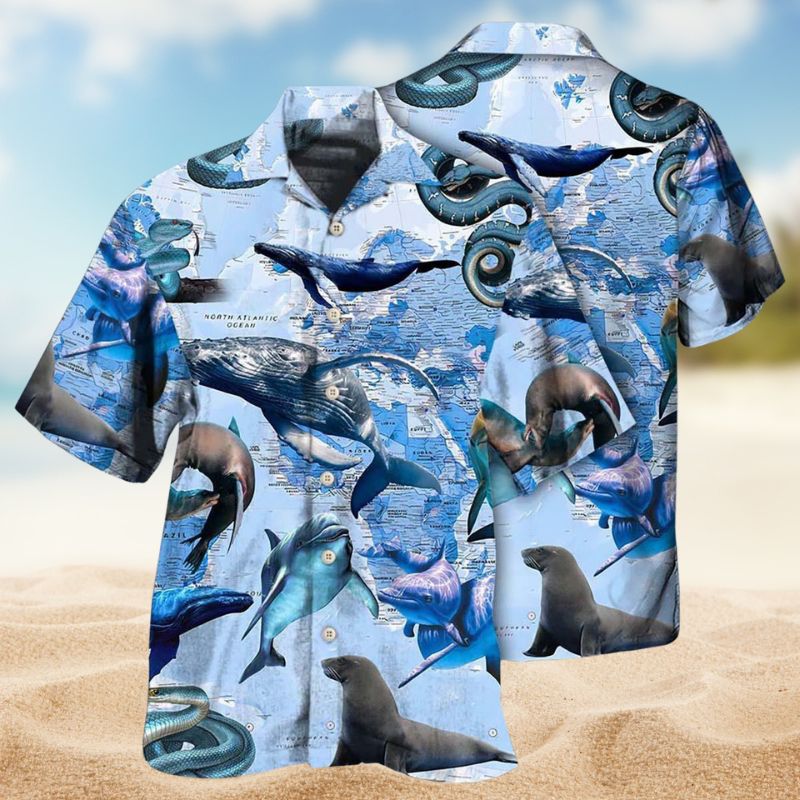 Ocean Map Hawaiian Shirt For Summer Vacation, Beach Travel, And Casual Wear