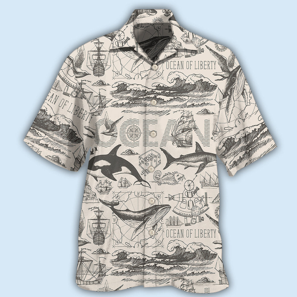 Vintage Ocean Liberty Hawaiian Shirt For Tropical Holidays, Resort Trips, And Relaxed Coastal Style
