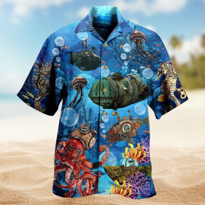 Ocean Steampunk Undersea Hawaiian Shirt For Summer Vacation, Beach Travel, And Casual Wear