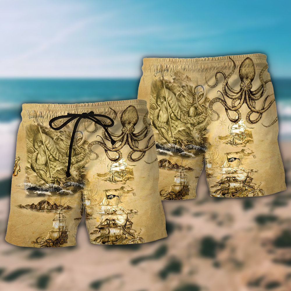 Octopus Amazing And Sail Retro Hawaiian Print Beach Shorts For Beach Days And Coastal Travel