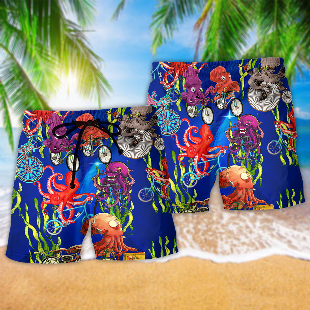 Octopus Bicycle Beach Shorts Pattern Detail For Coastal Travel And Relaxed Casual Style