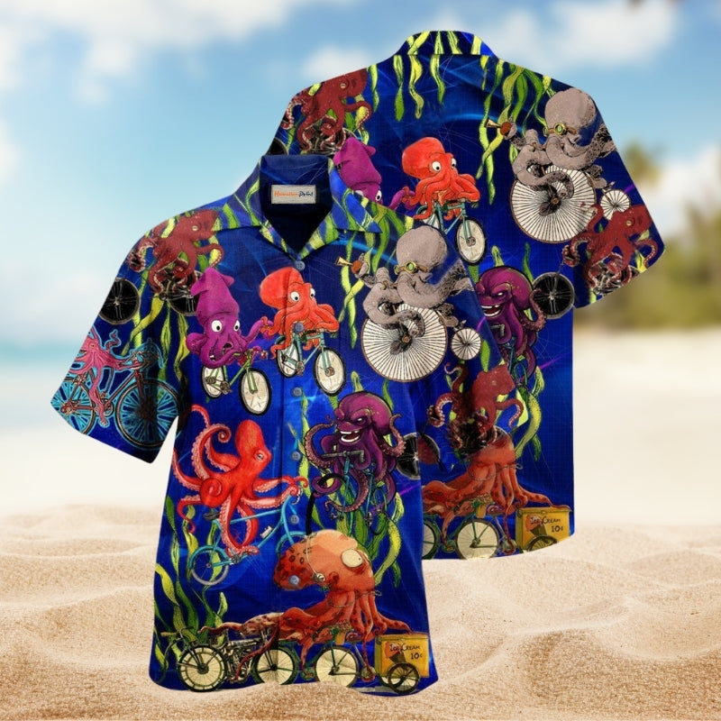 Octopus Could An Octopus Ride A Bicycle Hawaiian Shirt For Summer Vacation Beach Travel And Relaxed Casual Wear