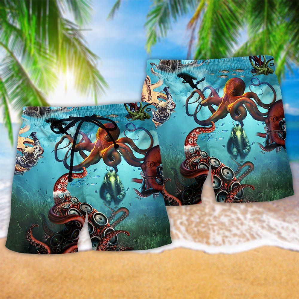 Octopus Giant And Diver Green Hawaiian Print Beach Shorts For Beach Days And Coastal Travel