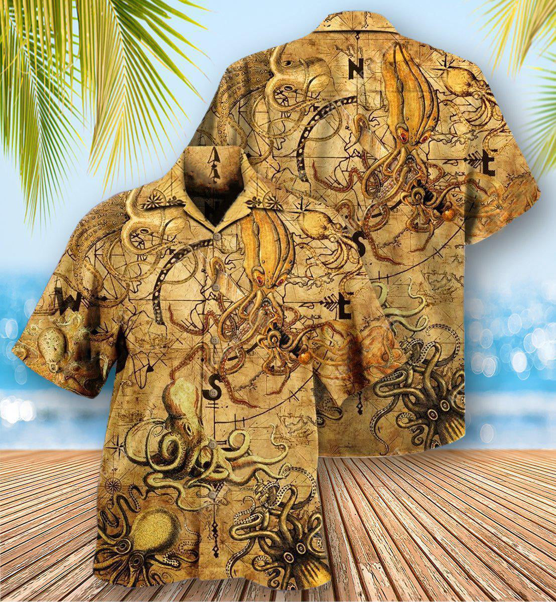 Vintage Octopus Hunting Treasure Hawaiian Shirt Pattern Detail For Vacation Travel And Daily Wear