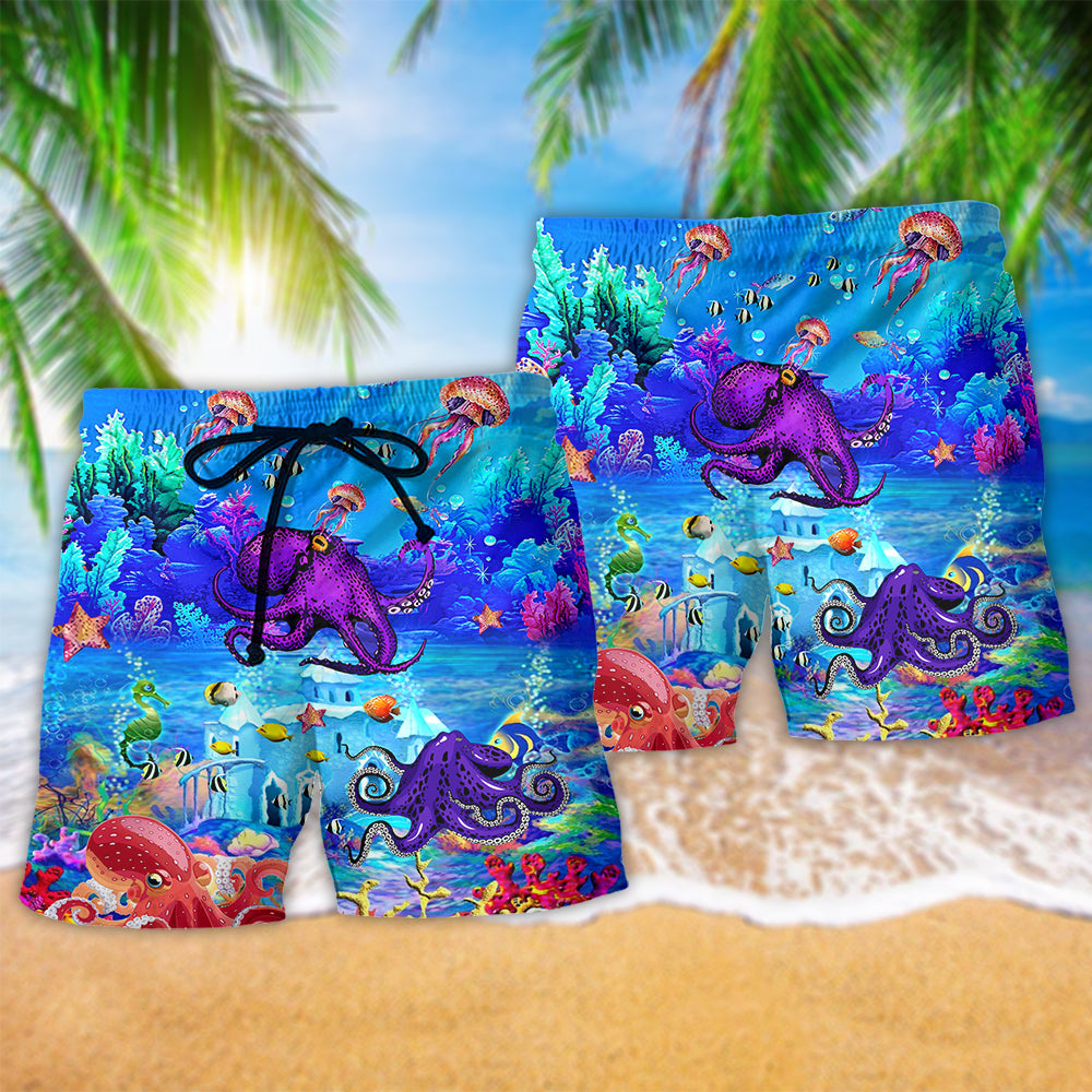 Octopus Love Fresh Ocean Forever Hawaiian Print Beach Shorts For Ocean Lover Vacation Wear