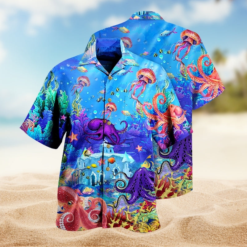 Octopus Ocean Hawaiian Shirt For Coastal Travel, Casual Events, And Comfortable Summer Wear