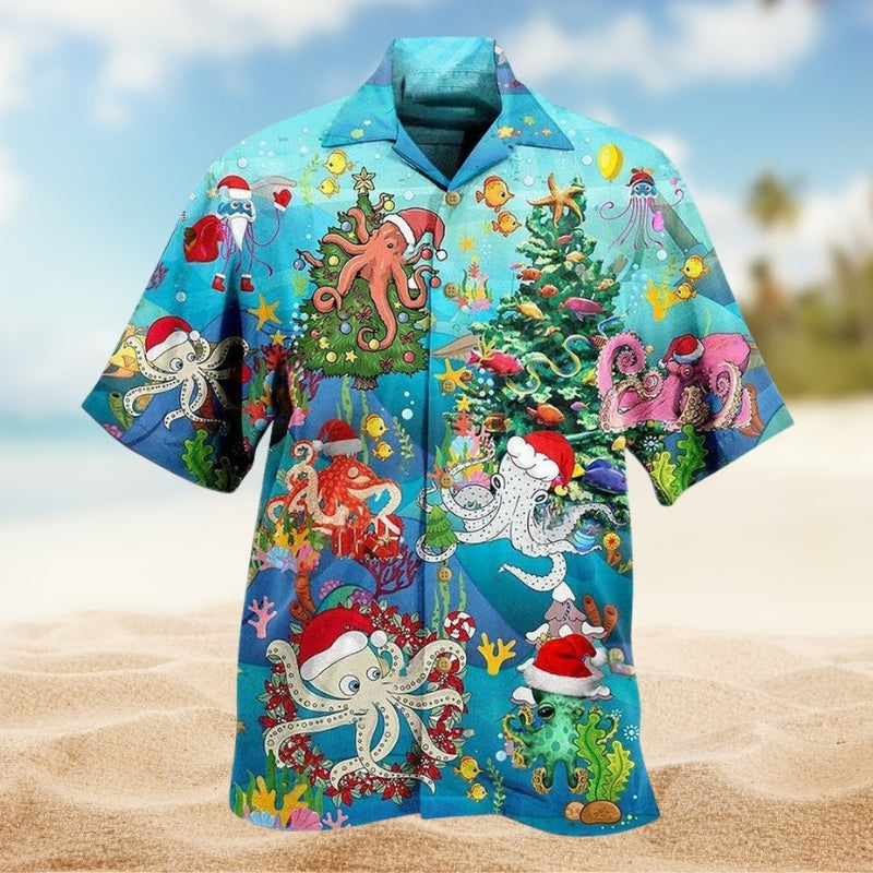 Festive Christmas Detailed Graphic Hawaiian Shirt For Tropical Holidays, Outdoor Gatherings, And Everyday Comfort