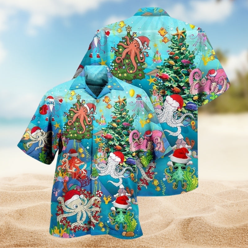 Festive Christmas Detailed Graphic Hawaiian Shirt For Tropical Holidays, Outdoor Gatherings, And Everyday Comfort