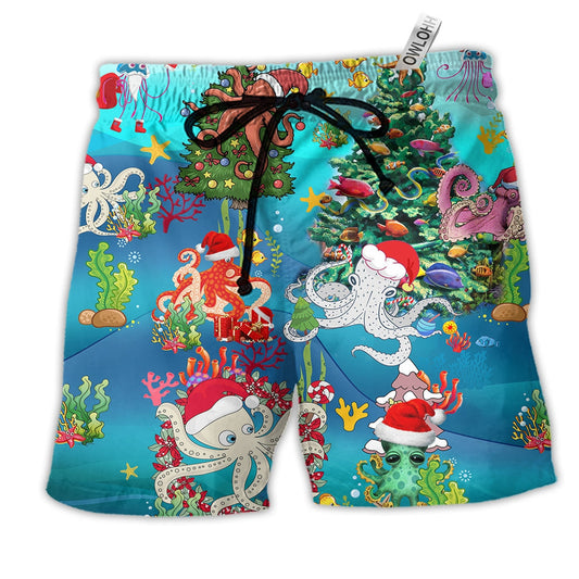 Octopus Merry Xmas Amazing Hawaiian Print Beach Shorts For Warm Weather Celebrations