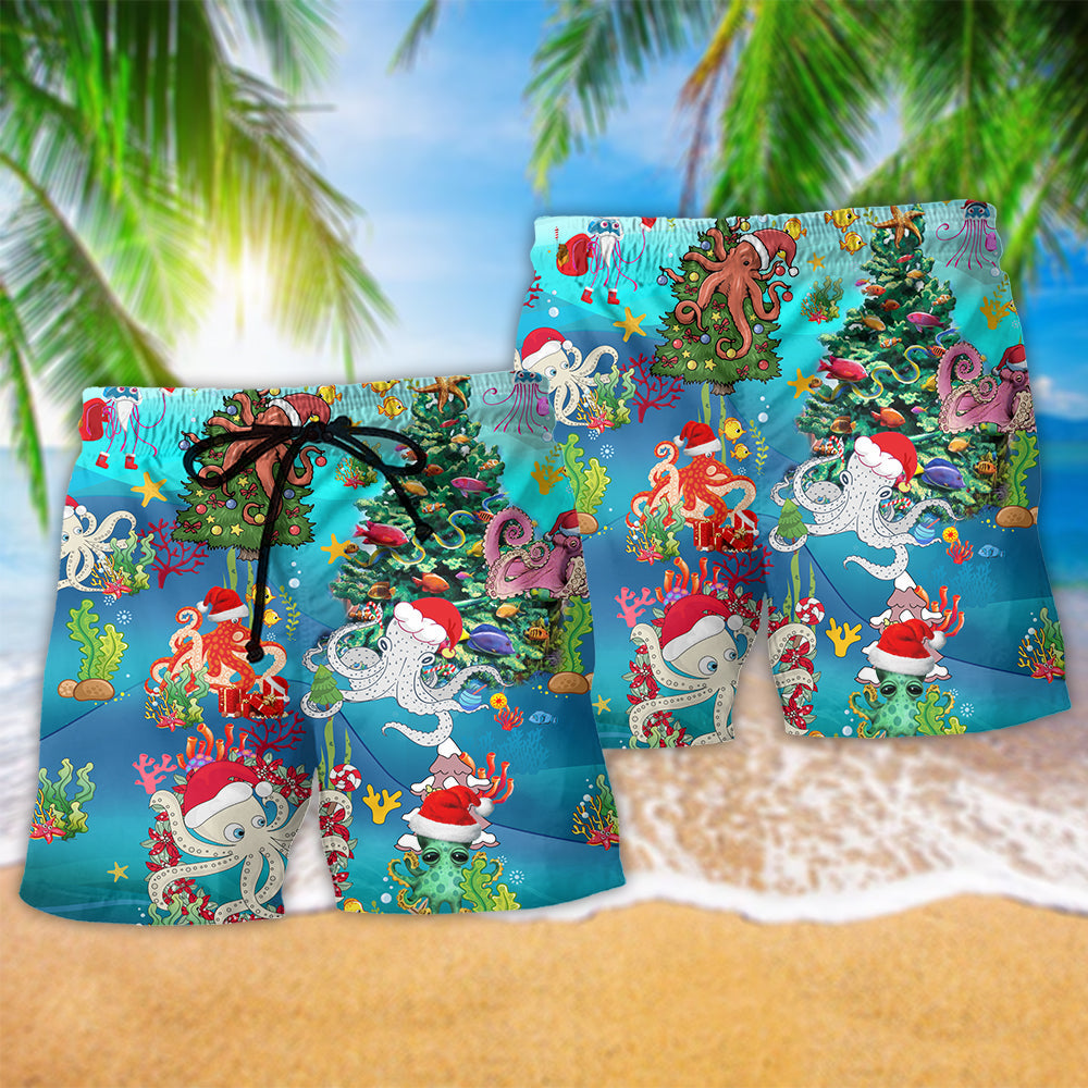Octopus Merry Christmas Beach Shorts Pattern Detail For Coastal Travel And Flexible Everyday Wear