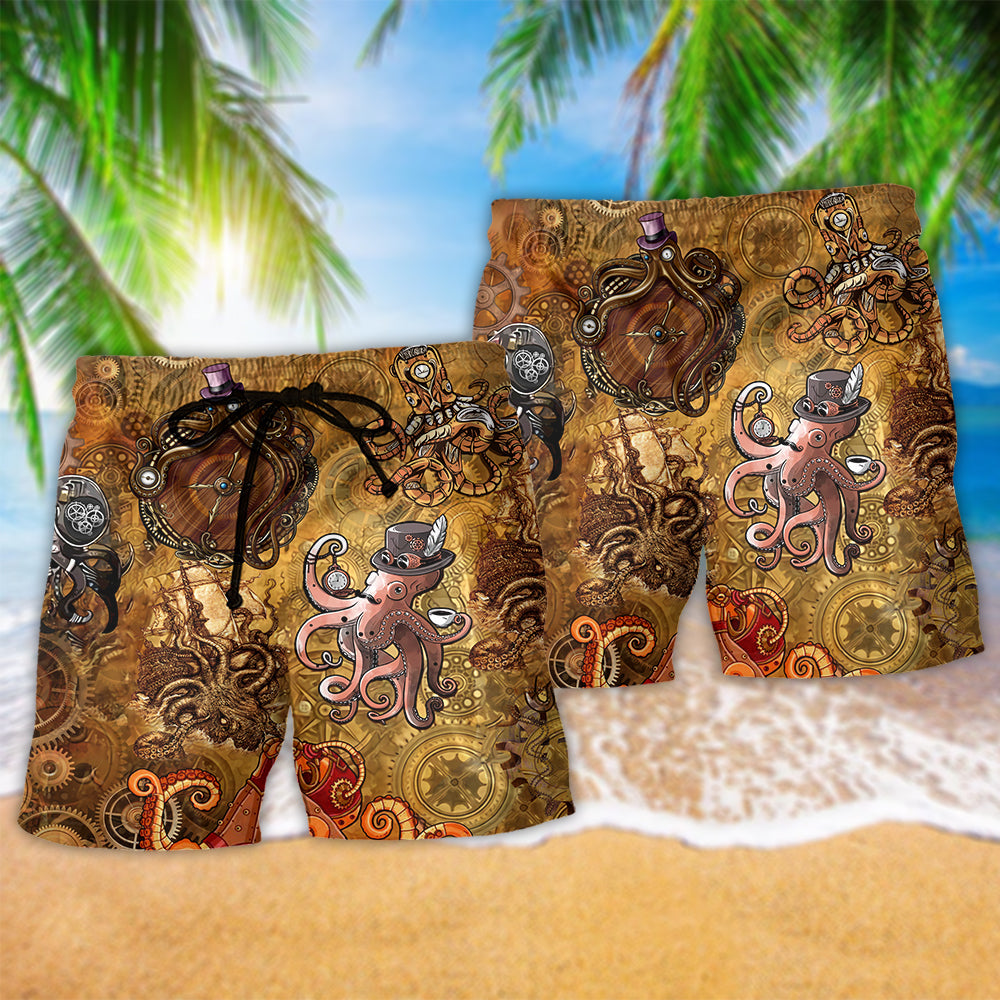 Octopus Steampunk Vintage Style Hawaiian Print Beach Shorts For Ocean Lover Vacation Wear