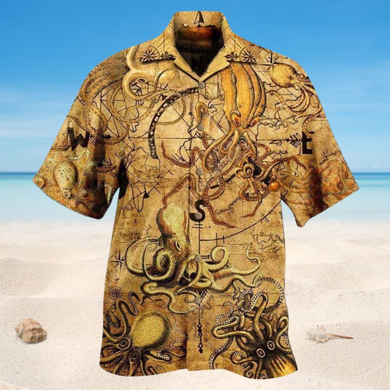 Octopus Vintage Treasure Hunting Hawaiian Shirt For Summer Vacation Beach Travel And Relaxed Casual Wear